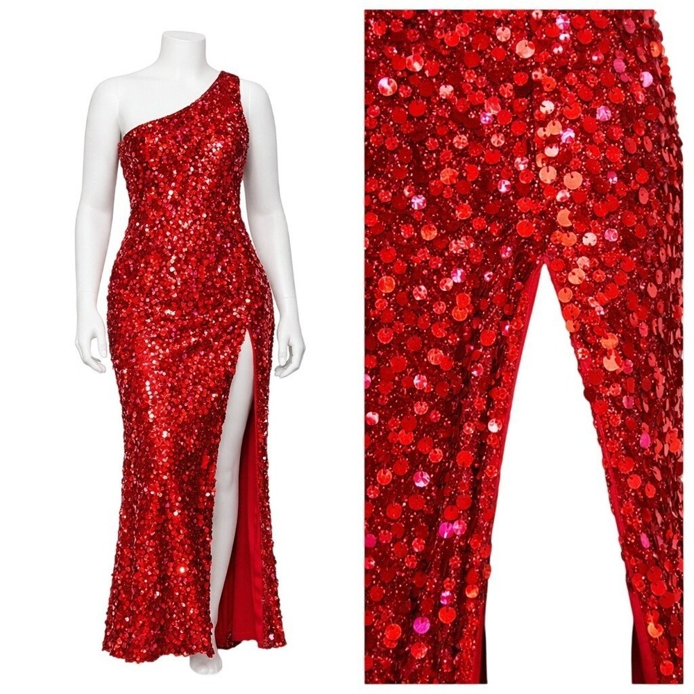Mac‎ Duggal Dress Red Sequin One Shoulder Cutout Gown Size 4 Red